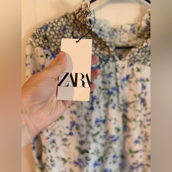 Zara NWT Printed Rustic Smocked High Neck Floral Midi Dress, Size S - Picture 11 of 14